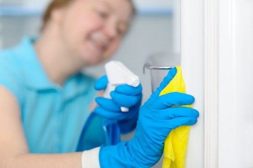 Cleaner maintaining a shared residential entrance in Maidavale